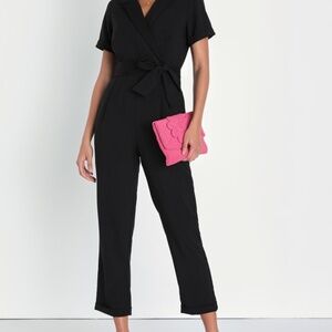 Lulus Sensible Sensation Black Tie-front Short Sleeve Jumpsuit - Size S